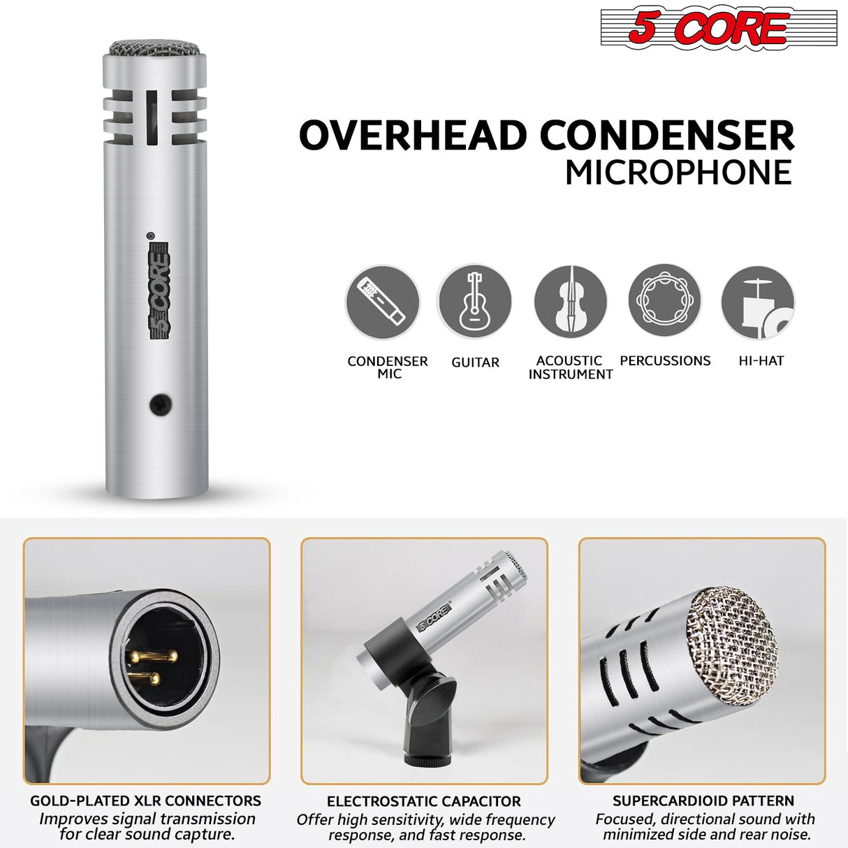 5Core Drum Mic Kit 7 Pcs Kick BassTom Snare Dynamic Microphone Instrument Mics Set Silver