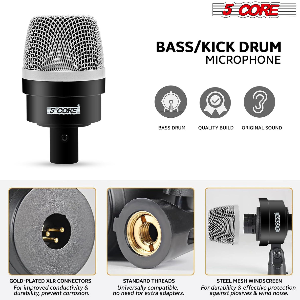 5Core Drum Mic Kit 7 Pcs Kick BassTom Snare Dynamic Microphone Instrument Mics Set Black