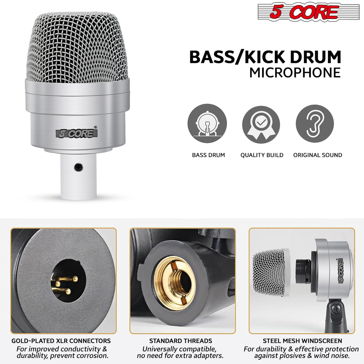 5Core Drum Mic Kit 7 Pcs Kick BassTom Snare Dynamic Microphone Instrument Mics Set Silver