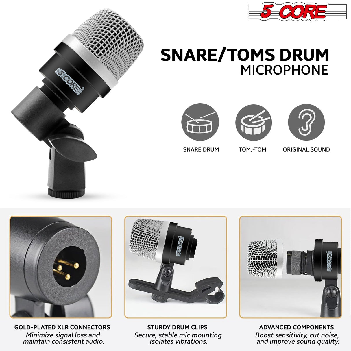 5Core Drum Mic Kit 7 Pcs Kick BassTom Snare Dynamic Microphone Instrument Mics Set Black