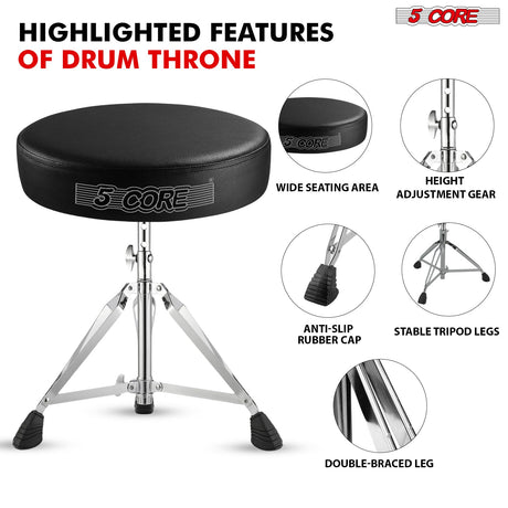 5Core Drum Throne Padded Adjustable Guitar Stool Drummer Seat for Adults & Kids BLACK