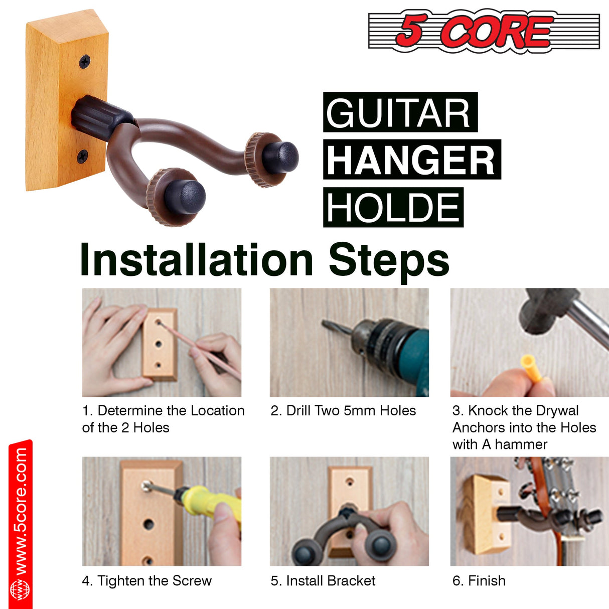 5Core Guitar Wall Mount Hanger 2Pack U-Shaped Wood Guitar Wall Hook Stand