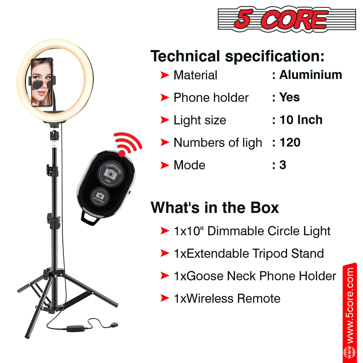 5 Core 12" Selfie LED Circle Light with 67" Adjustable Tripod Stand & Phone Holder