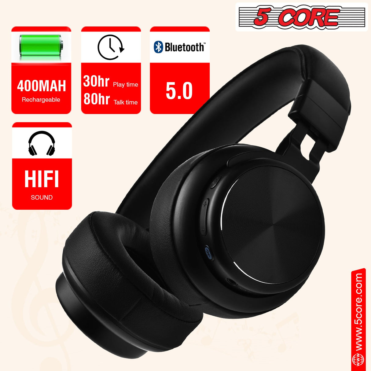 5Core Bluetooth Headphones Wireless Noise Cancelling Audifonos Inalambricos