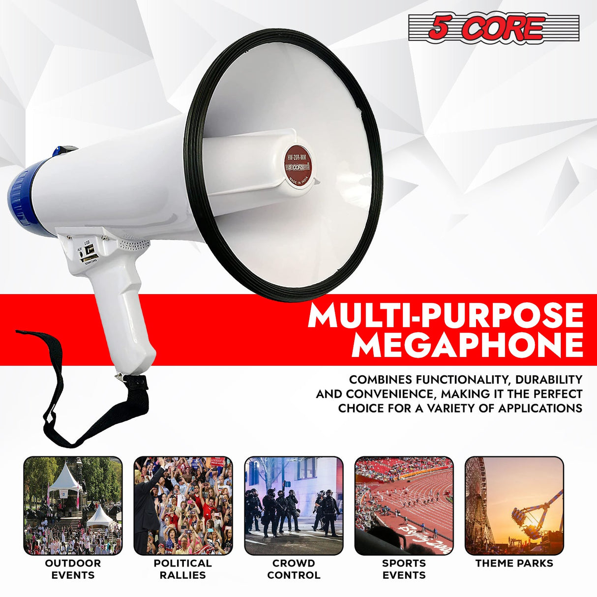 5Core Megaphone Bullhorn Speaker 20W Bull Horn Battery Power Cheer Megafono Loudspeaker USB