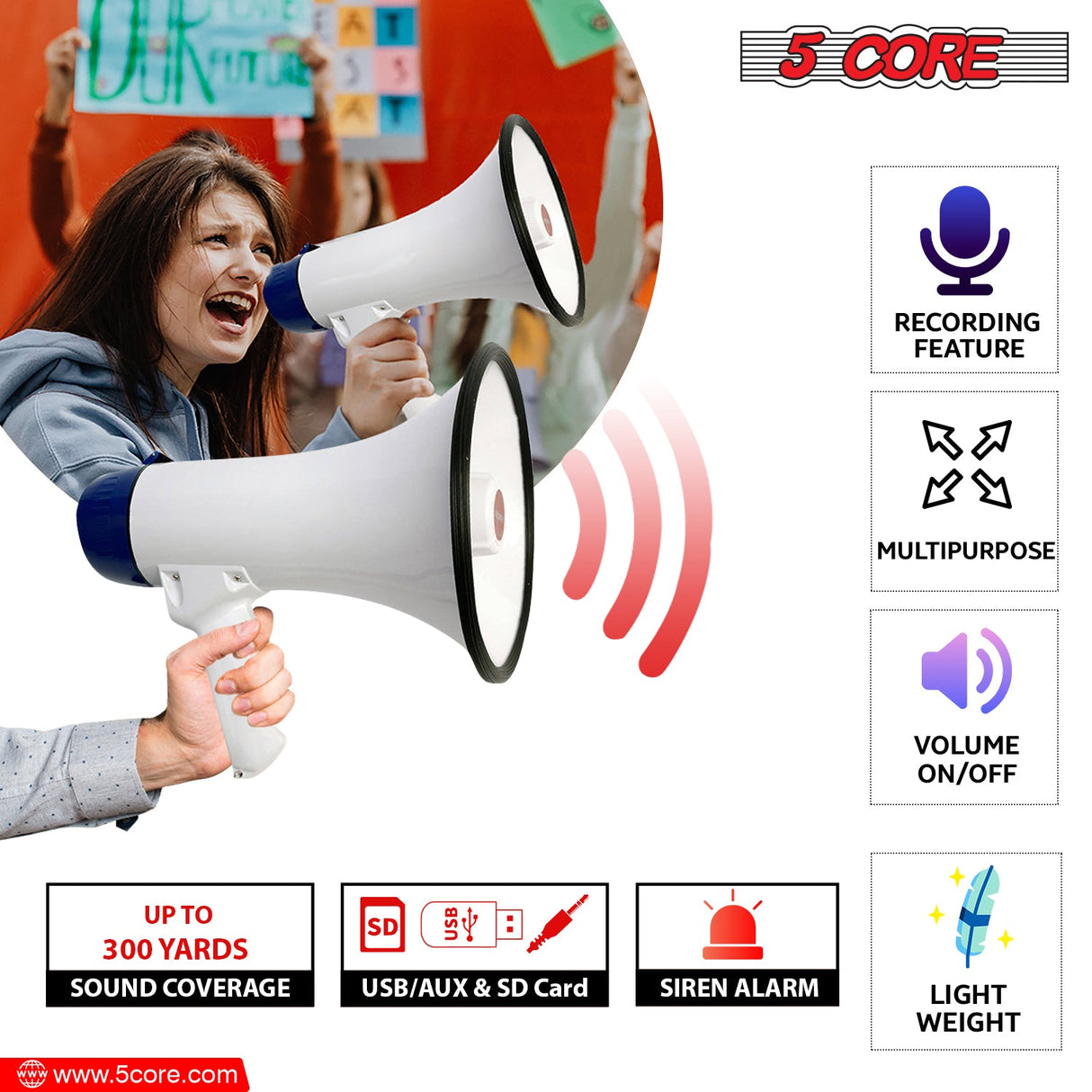 5Core Megaphone Bullhorn Speaker 20W Bull Horn Battery Power Cheer Megafono Loudspeaker
