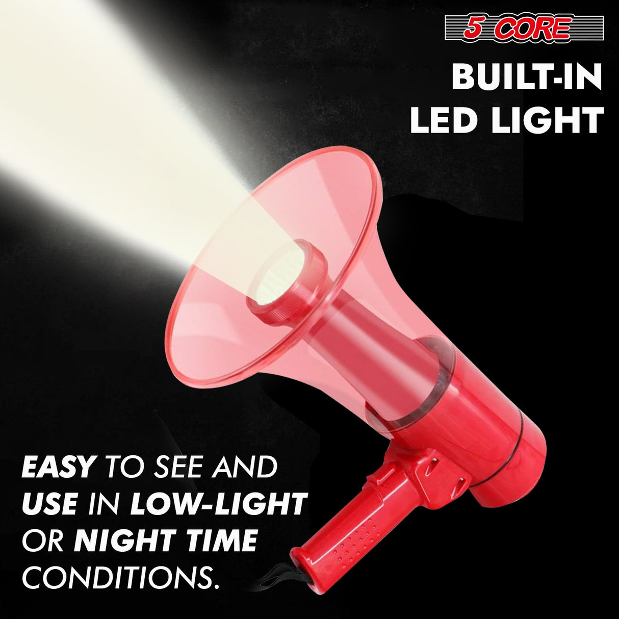 5Core Megaphone Bullhorn Speaker w Siren LED Light Adjustable Volume Bull Horn RED