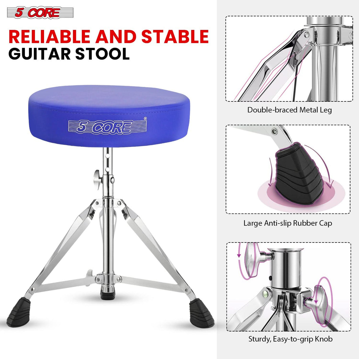 5Core Drum Throne Adjustable Guitar Stool Padded Seat + Drum Practice Pad Snare Drumming Stand