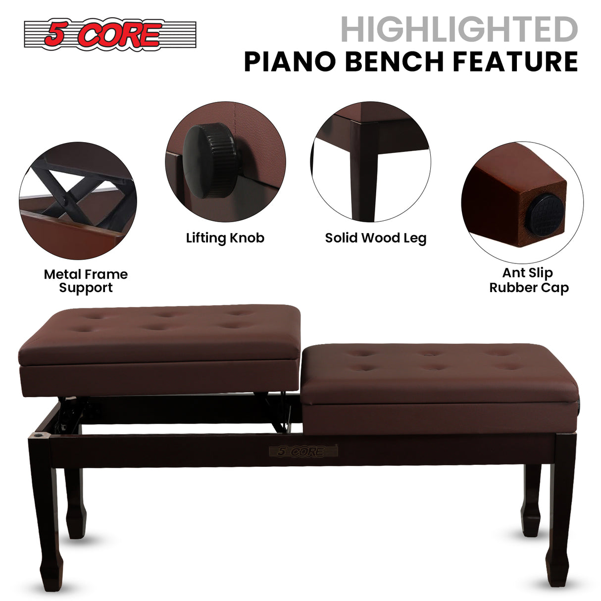 5 Core Duet Piano Bench 3.5 Inch Padded Cushioned Stool Wooden Heavy Duty Musician Chair w Storage