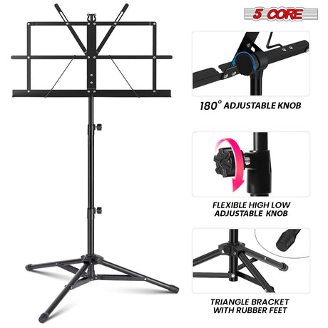 5 Core Music Stand Adjustable Desktop Book Stands Portable Sheet Holder All Metal Foldable Bookstand