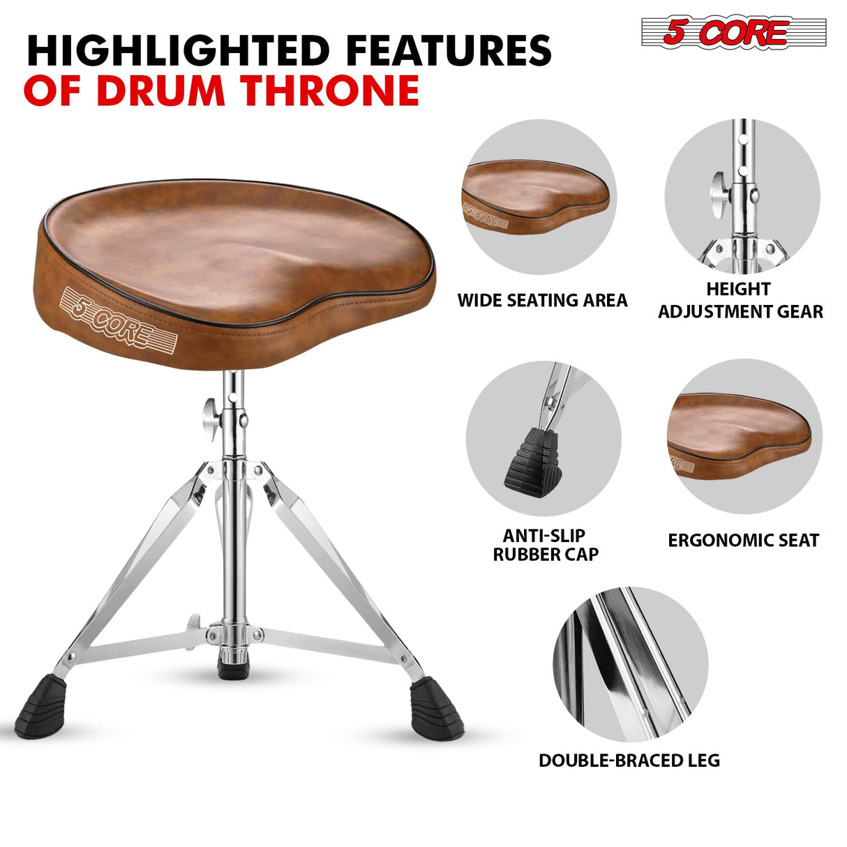 5Core Drum Throne Padded Guitar Stool Adjustable Drummer Seat for Adults And Kids