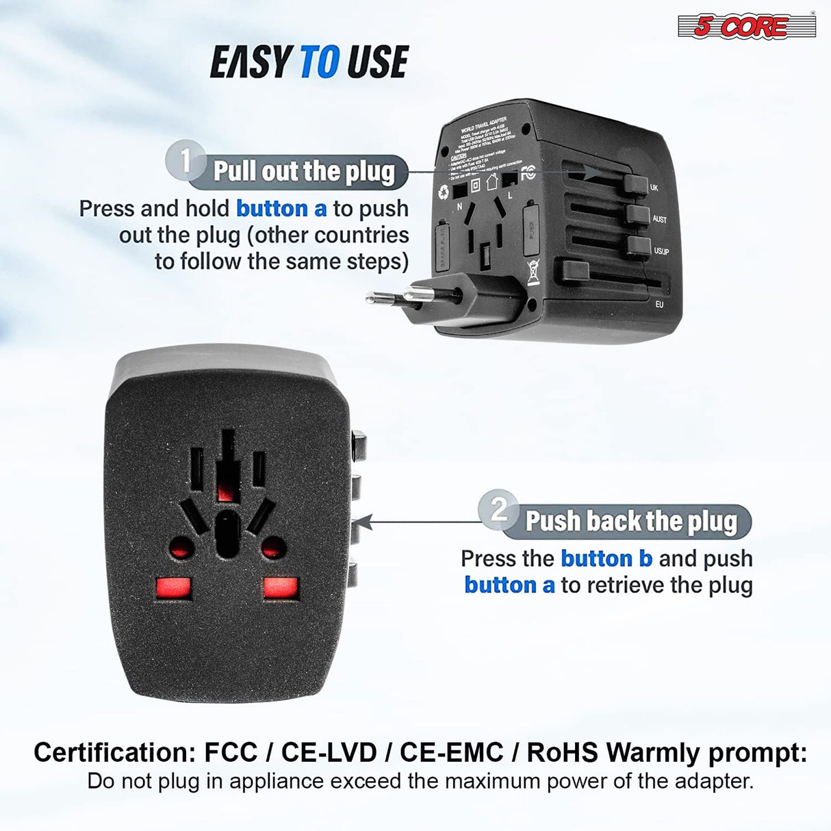 5Core Universal Travel Adapter International Power Adapters 2 Pack Multicharger Plug