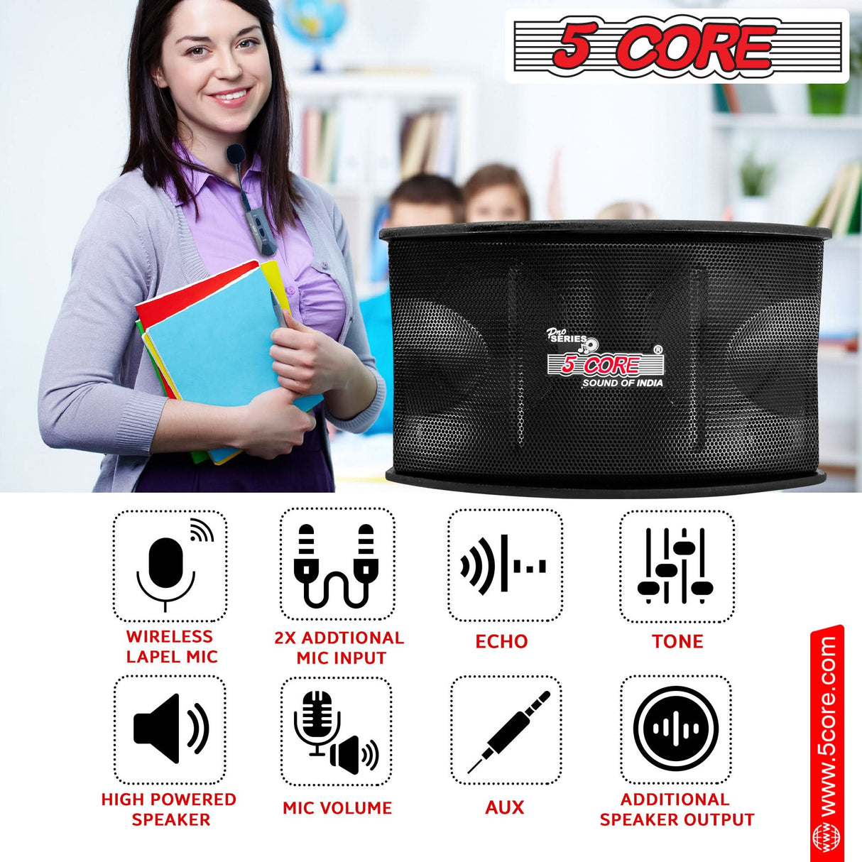 5Core portable PA speaker system 200W with wireless lavalier microphone voice amplifier