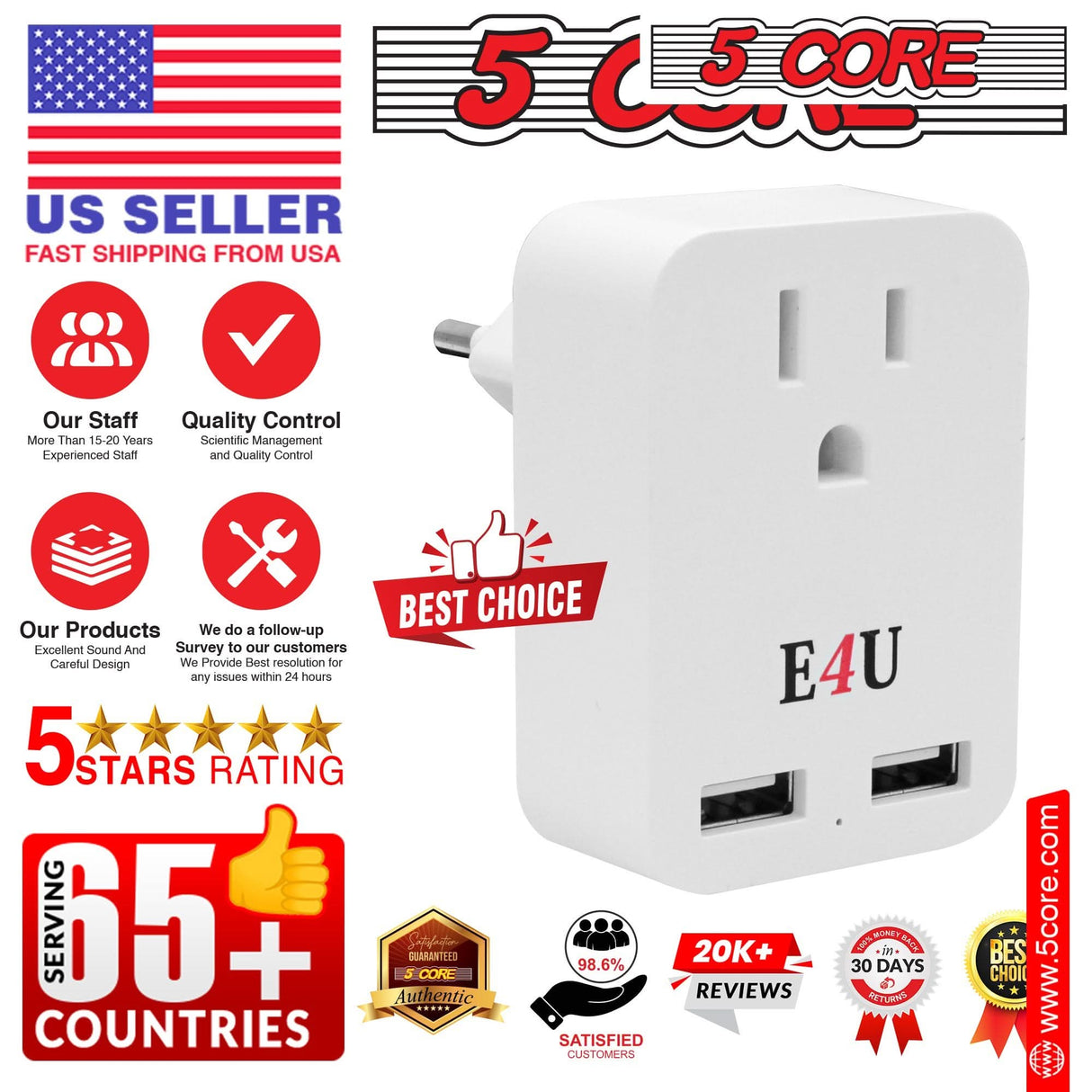 5 Core European Travel Plug Adapter w 2 USB Ports Universal Adopter for International Power Outlet