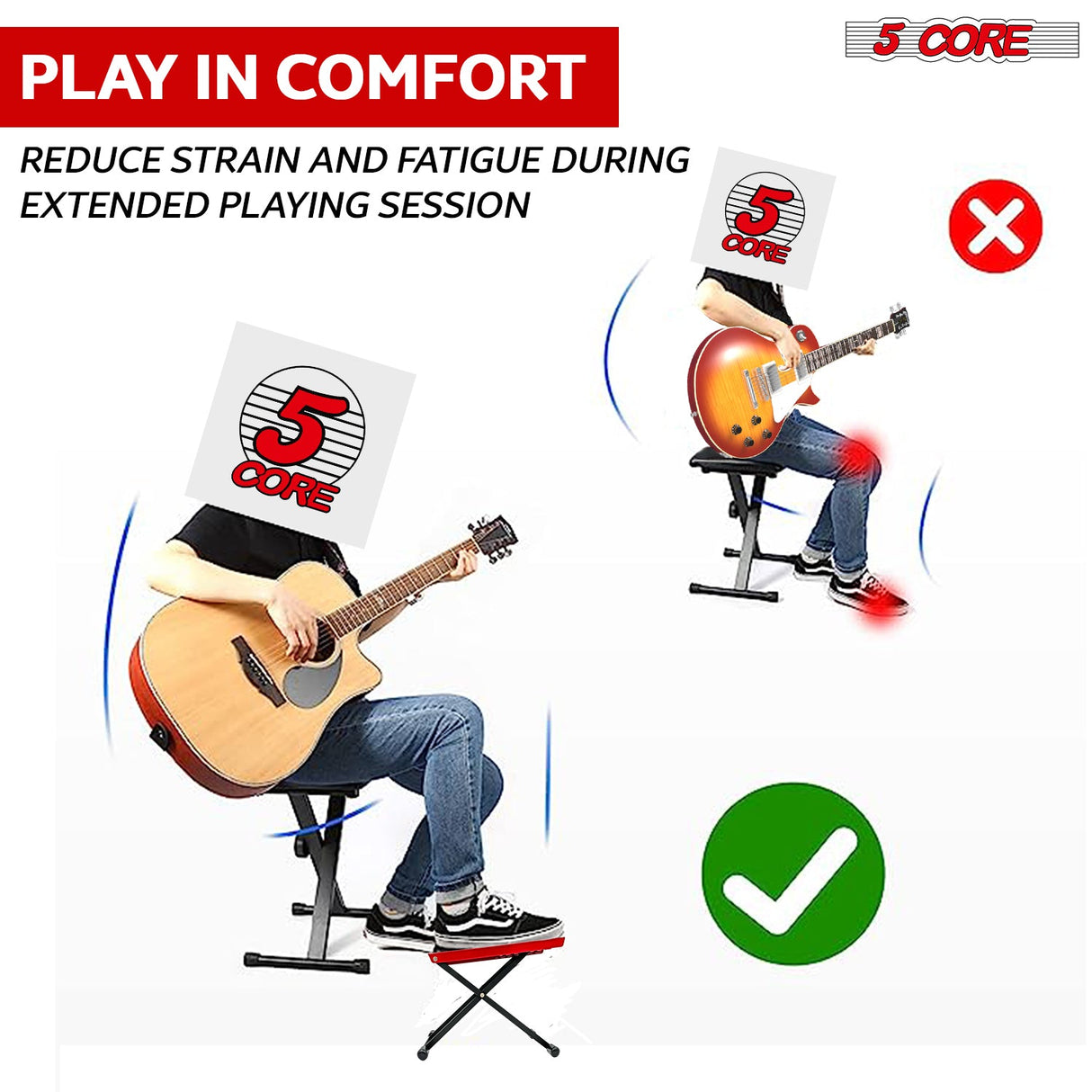 5Core Guitar Foot Stool Height Adjustable Folding Leg Rest Classical Footrest