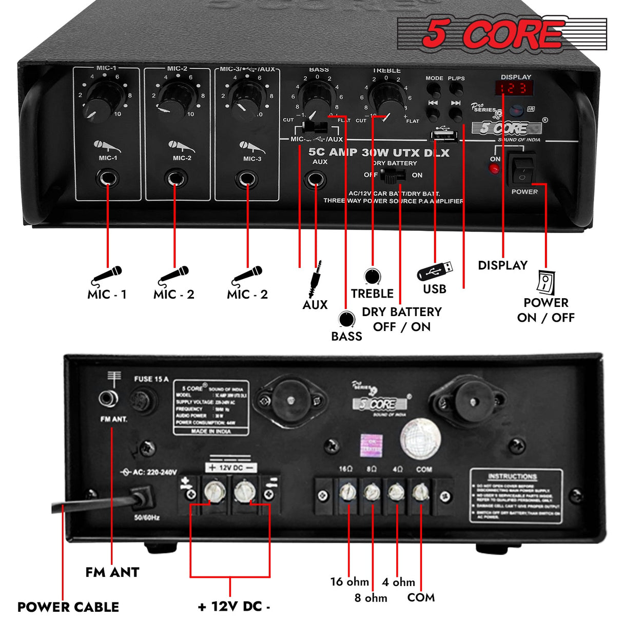 5Core Amplifier Home Audio Stereo Receiver PA Speaker Microphone Surround Sound Amp