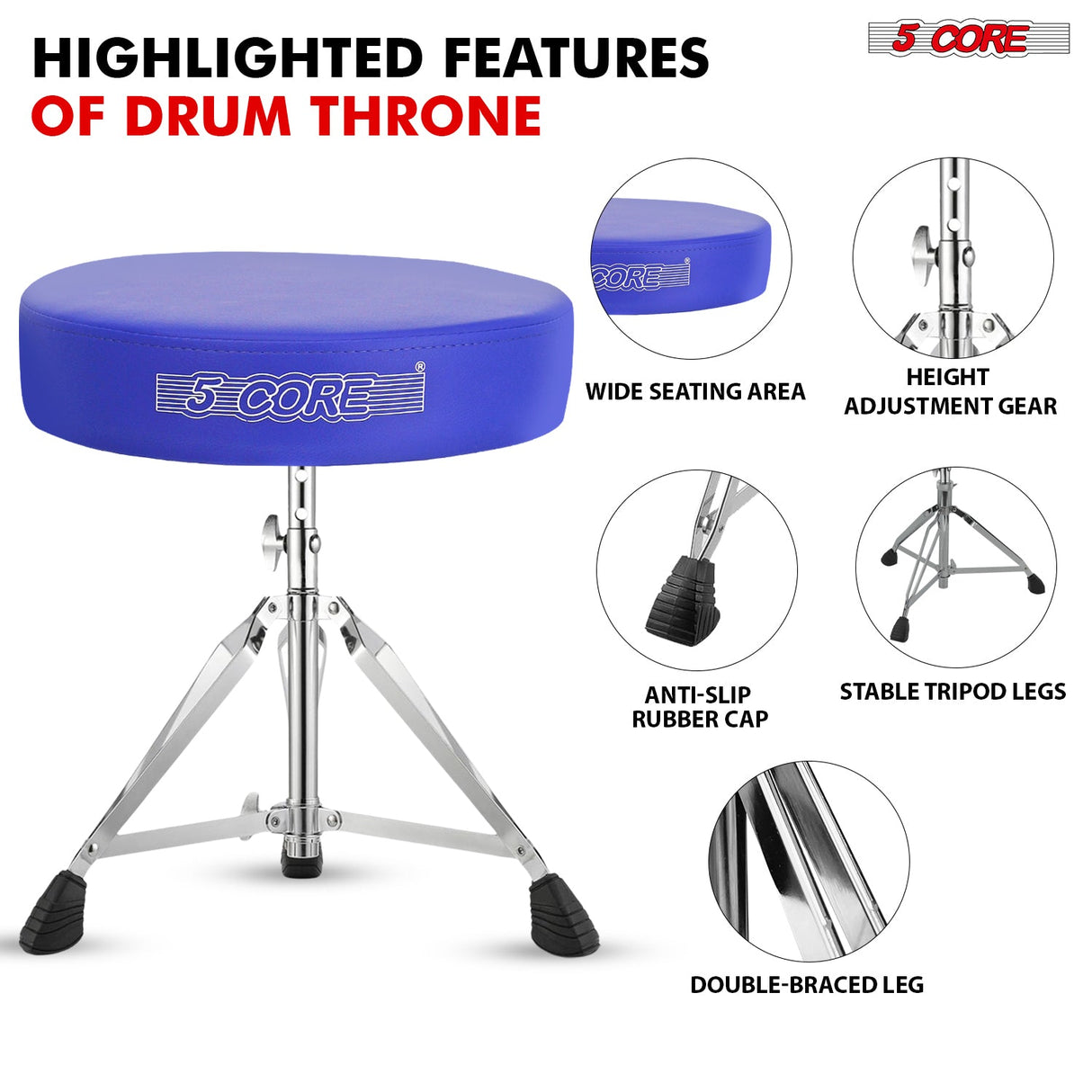 5Core Drum Throne Padded Adjustable Guitar Stool Drummer Seat for Adults & Kids BLUE