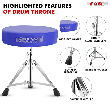 5Core Drum Throne Padded Adjustable Guitar Stool Drummer Seat for Adults & Kids BLUE