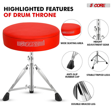 5Core Drum Throne Padded Adjustable Guitar Stool Drummer Seat for Adults & Kids RED