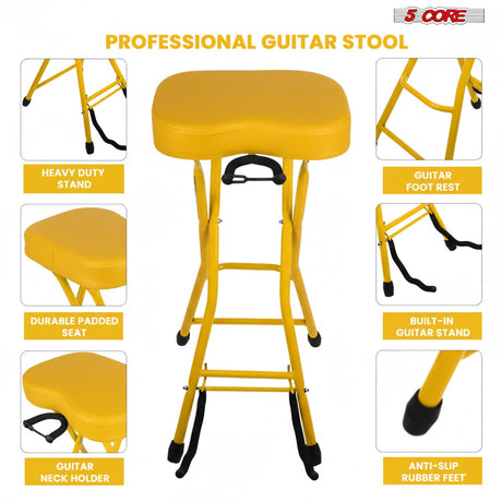 5 Core Guitar Stool 3.15" Padded Chair Foldable Music Seat w Built in Foot Rest Guitar Stand