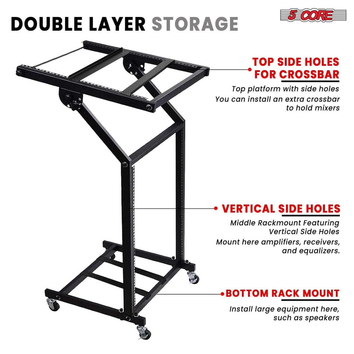 5Core DJ Mixer Stand 12U Adjustable Rack Mount Rolling Stage Cart Pro Audio Studio Equipment w Wheel