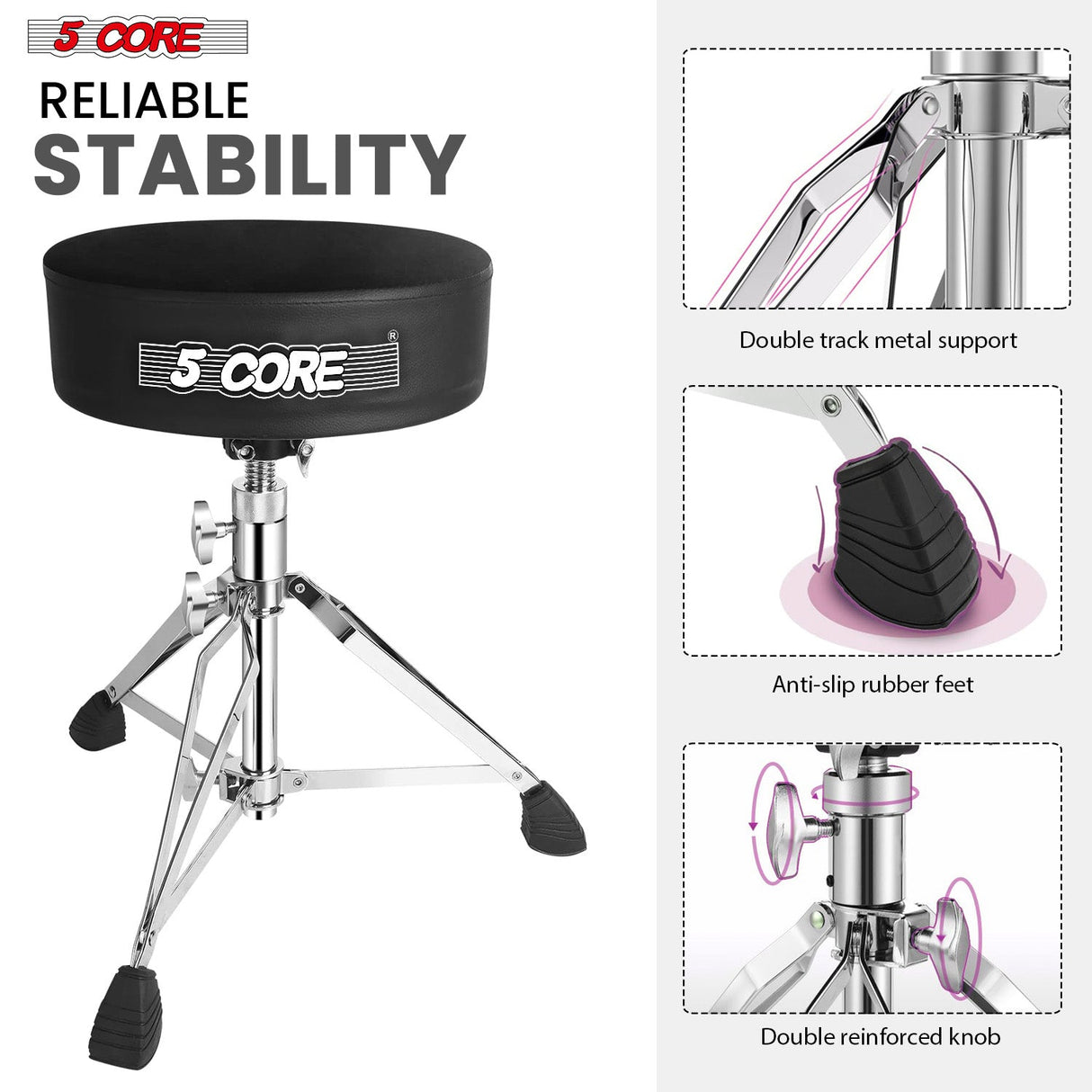 5Core Drum Throne Padded Guitar Stool Swivel Adjustable Drummer Seat Music Chair BLACK VELVET