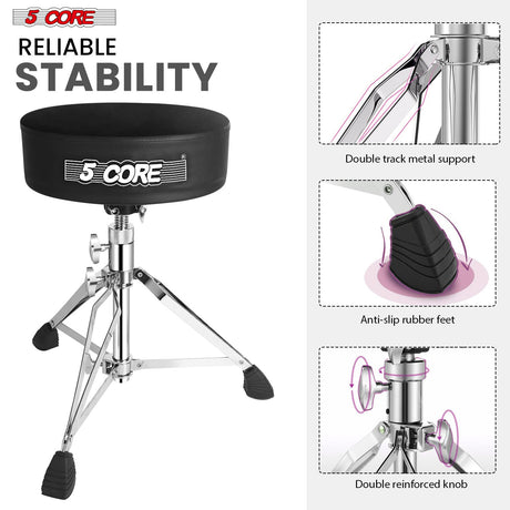 5Core Drum Throne Padded Guitar Stool Swivel Adjustable Drummer Seat Music Chair BLACK VELVET