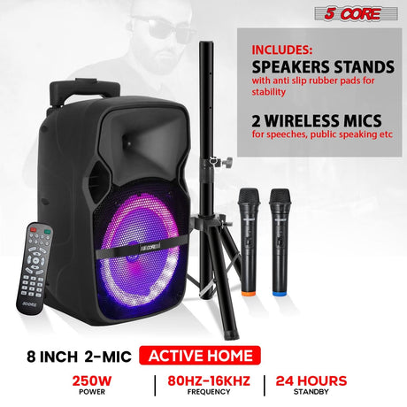 5 Core Party Speaker 2Pc Bluetooth 250W Active Rechargeable Outdoor PA DJ System w 2 Wireless Mic