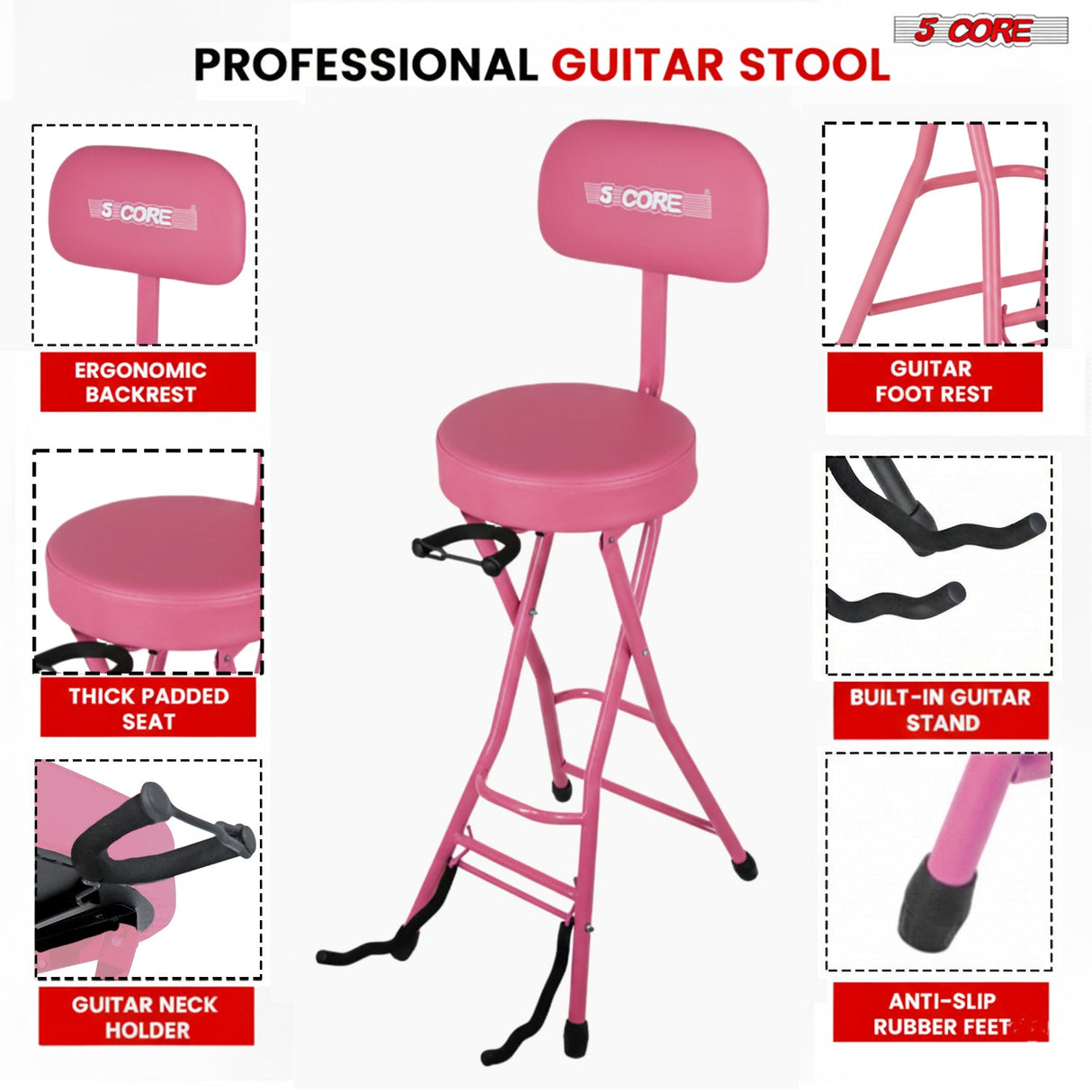 5Core Guitar Stool 3.15" Padded Chair w Backrest Foldable Music Seat Built in Foot Rest Guitar Stand