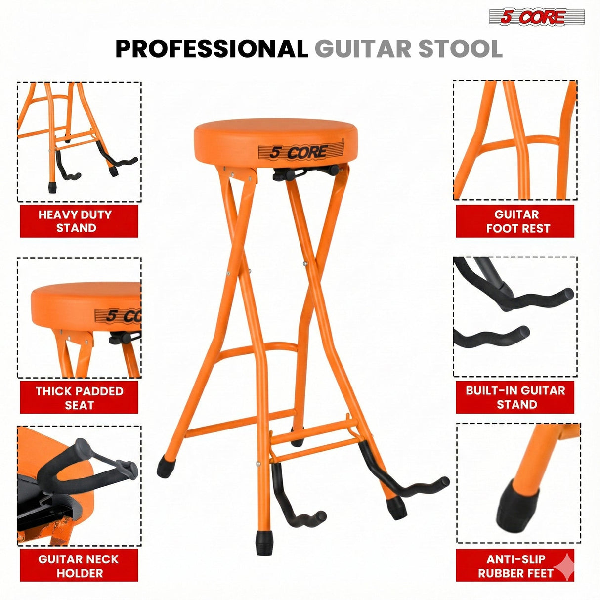 5Core Guitar Stool 3.15" Padded Chair Foldable Heavy Duty Music Seat Built in Foot Rest Guitar Stand