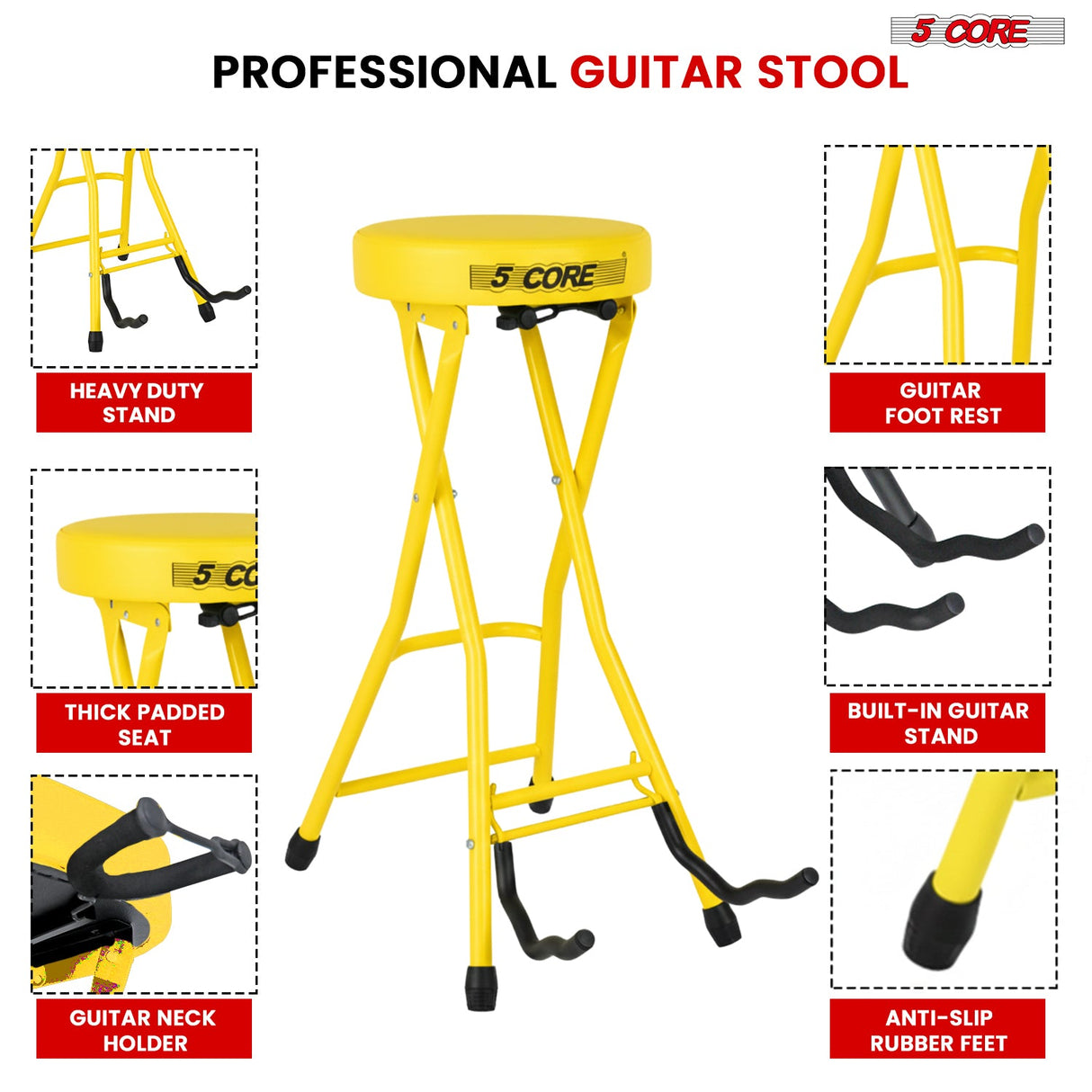 5Core Guitar Stool 3.15" Padded Chair Foldable Heavy Duty Music Seat Built in Foot Rest Guitar Stand