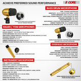 5 Core Drum Microphone Kit 9Pc All Metal Drummer Mics Tom/Snare & Cymbals Wired Instrument Drums Set