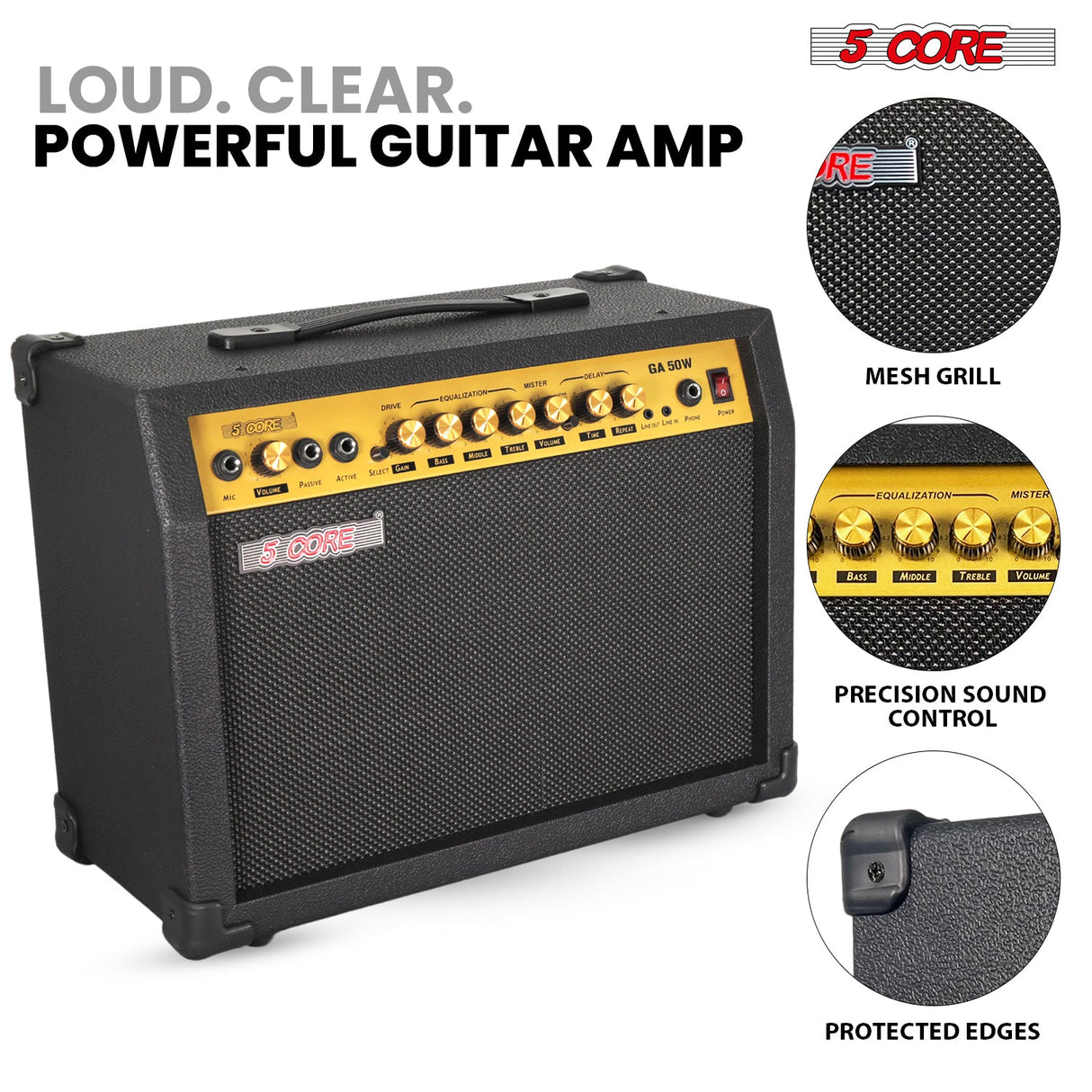 5 Core Guitar Amp 50 Watt  Electric Amplifier w Built in 8" Speaker Portable Mini Amps w Aux