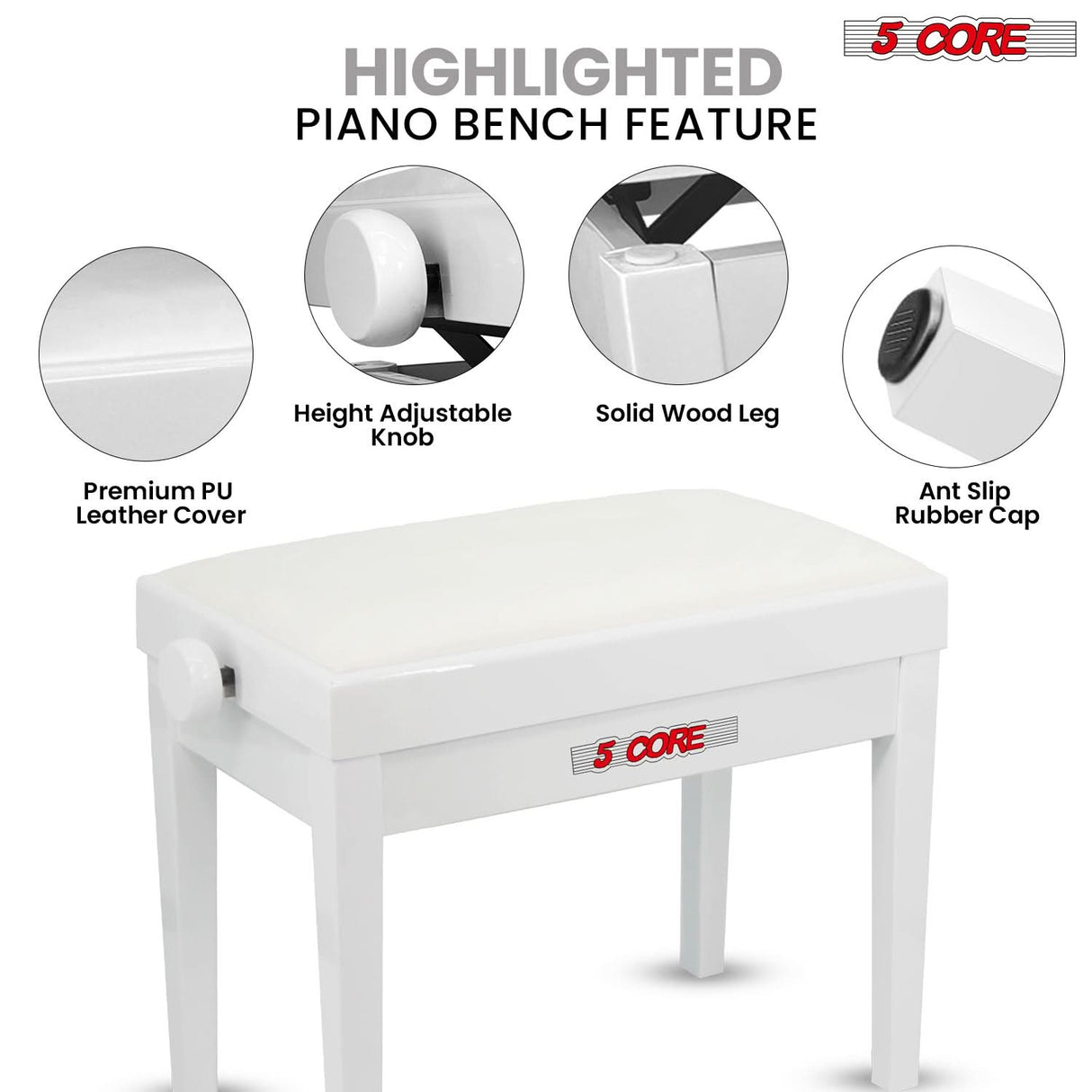5 Core Adjustable Piano Bench Thick 3.25" Solid Wood Keyboard Stool Heavy Duty Musician Chair