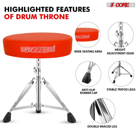 5Core Drum Throne Padded Adjustable Guitar Stool Drummer Seat for Adults & Kids ORANGE