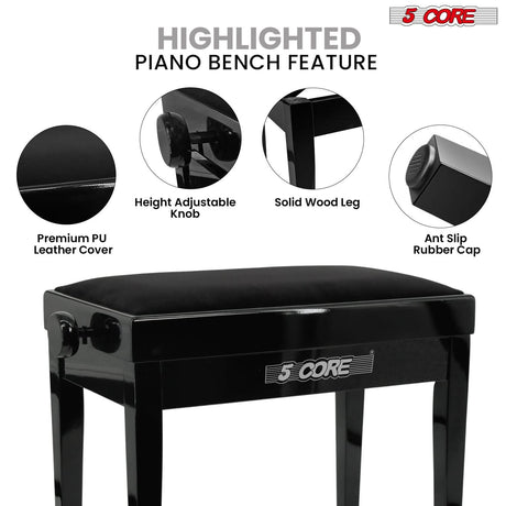 5 Core Adjustable Piano Bench Thick 3.25" Solid Wood Keyboard Stool Heavy Duty Musician Chair