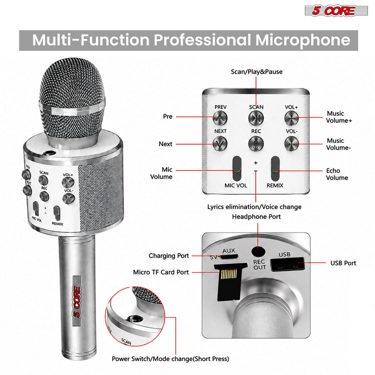 5 Core Microphone Wireless Karaoke Mic With Speaker 3 in 1 Portable Bluetooth Microfono Inalambrico
