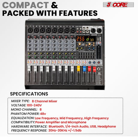 5 Core Audio Mixer 8 Channel DJ Soundboard USB Interface Bluetooth Mixing Console w 99 DSP Effect