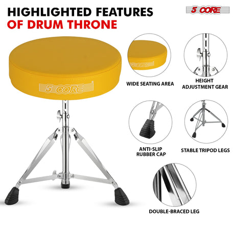 5Core Drum Throne Padded Adjustable Guitar Stool Drummer Seat for Adults & Kids YELLOW