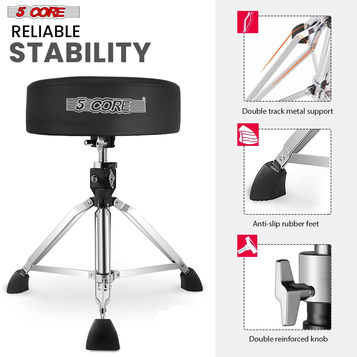 5 Core Drum Throne 4" Thick Padded Guitar Stool 400Lb Capacity Drummer Chair Swivel Adjustable