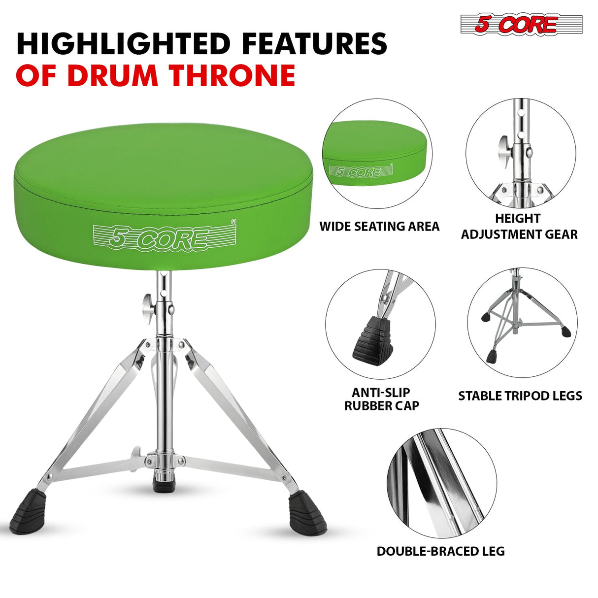 5Core Drum Throne Padded Adjustable Guitar Stool Drummer Seat for Adults & Kids GREEN