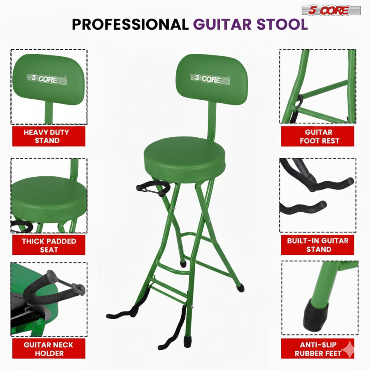 5Core Guitar Stool 3.15" Padded Chair w Backrest Foldable Music Seat Built in Foot Rest Guitar Stand