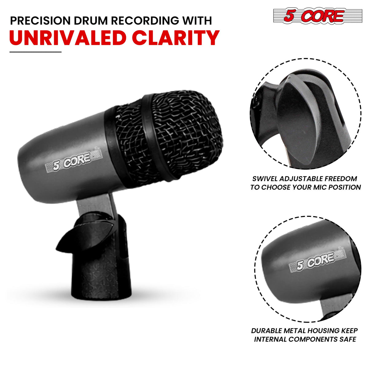 5Core Snare Mic XLR Cardioid Tom Drum Kick Instrument Microphone BLACK