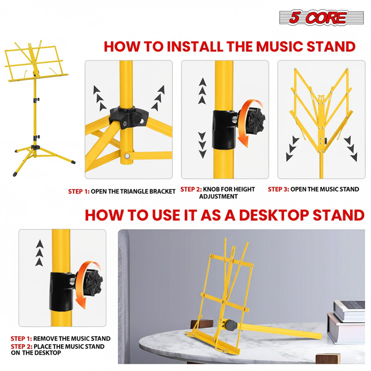 5 Core Music Stand Adjustable Desktop Book Stands Portable Sheet Holder All Metal Foldable Bookstand