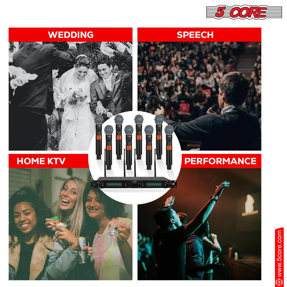5Core Wireless Microphones 8 Channel Karaoke Professional UHF Singing Mic System Cordless Microfonos