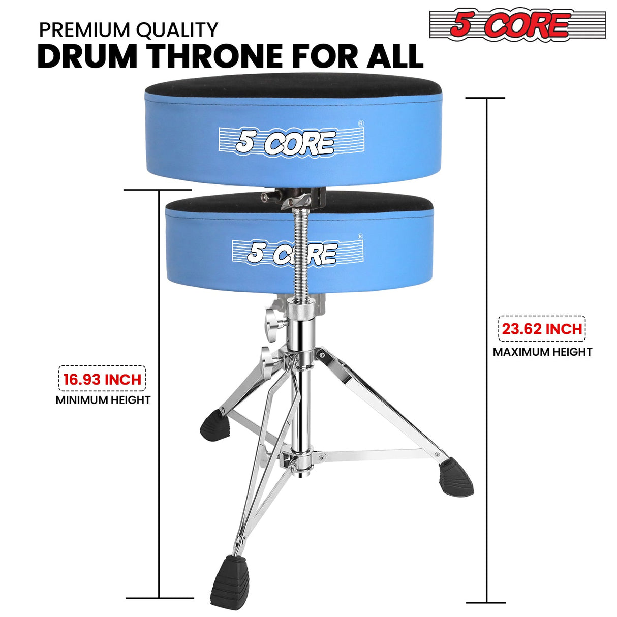 5Core Drum Throne Padded Guitar Stool Swivel Adjustable Drummer Seat Music Chair BLUE VELVET