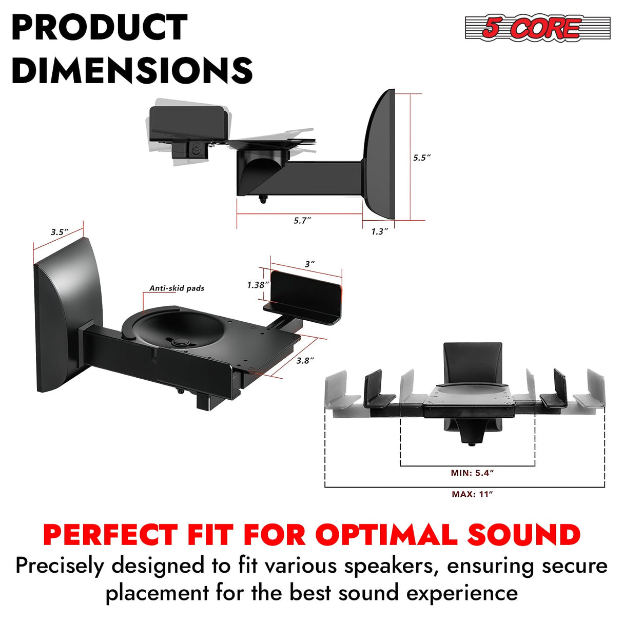 5Core Speaker Wall Mount Adjustable Swivel 11 Inch Space Bookshelf Brackets Pair