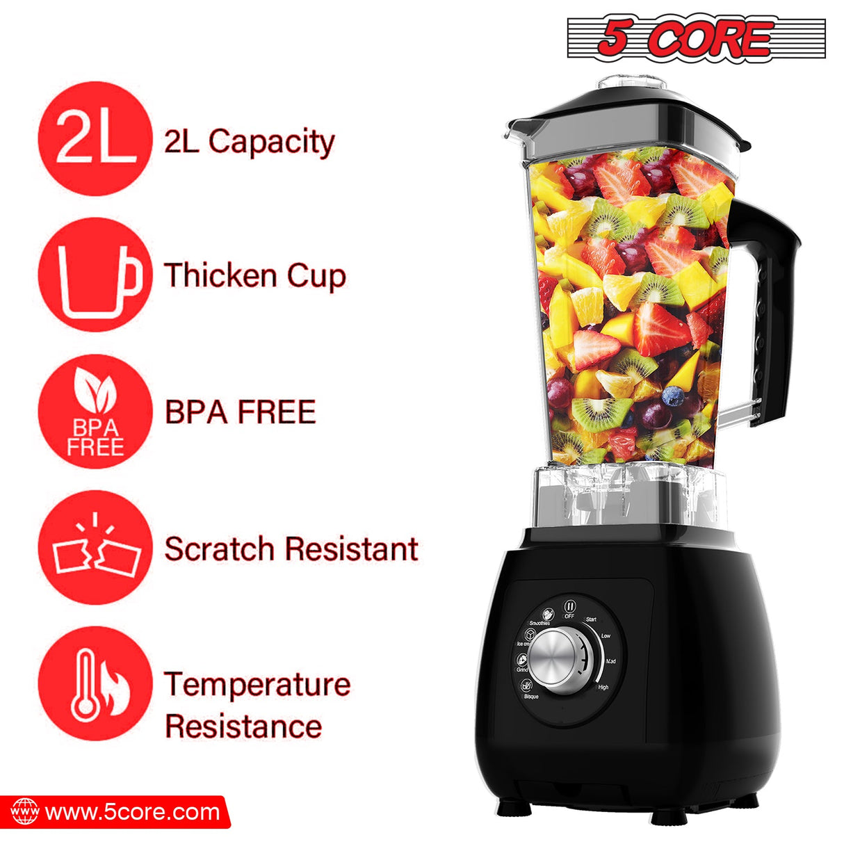 5Core Juicer Blender Machines 2000W Countertop Kitchen Smoothie Maker w 68oz Jar