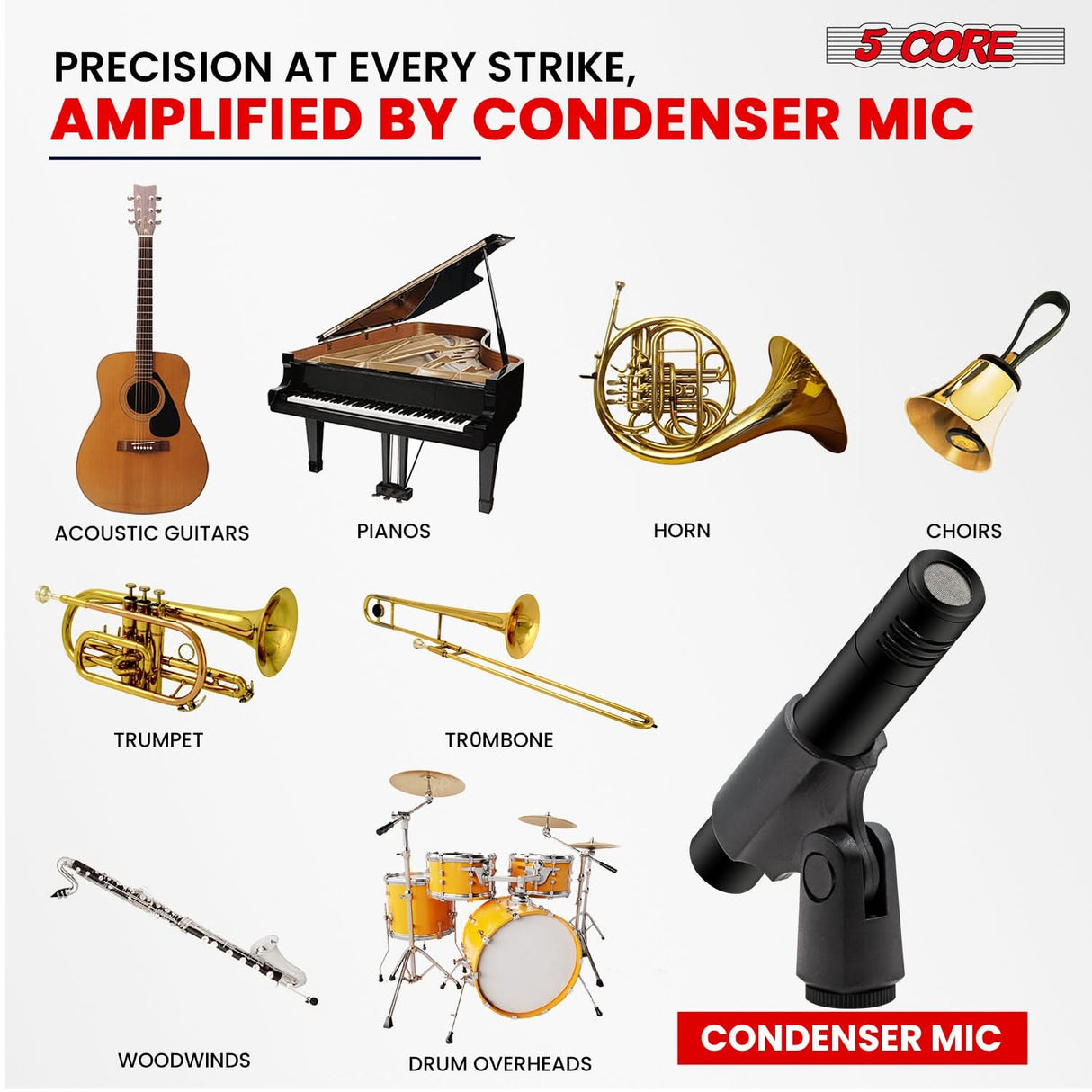 5Core Instrument Microphone Professional XLR Cardioid Pencil Stick Condenser Mic Black