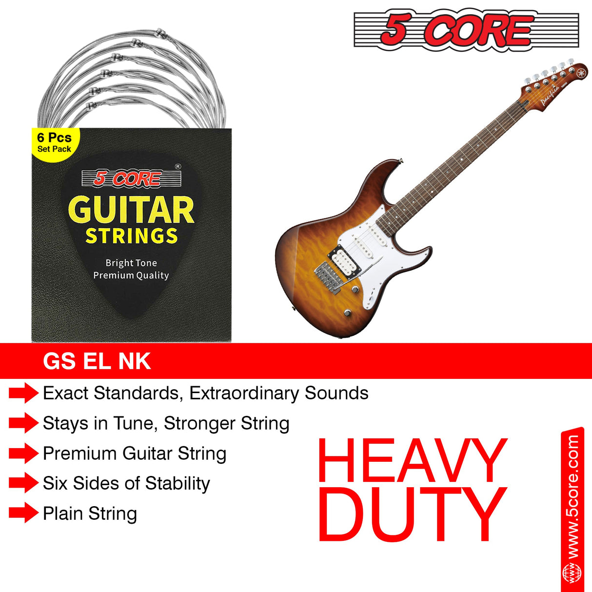 5Core Electric Guitar Strings Nickel 0.009-.042 Gauge w Bright Tone for 6 String Guitars